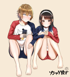 Rule 34 | 1boy, 1girl, barefoot, beige background, black hair, blonde hair, blush, brown eyes, cellphone, character print, closed mouth, copyright name, hairband, holding, holding phone, kentaurosu, knees together feet apart, locked arms, long hair, long sleeves, matching outfits, matsuno chiya, original, phone, raglan sleeves, shorts, simple background, sitting, sleeves past wrists, smartphone, smile, thighs