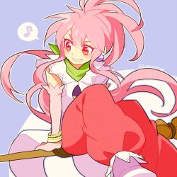 Rule 34 | 1girl, arche klein, belt, bracelet, broom, earrings, elbow gloves, feet out of frame, gloves, jewelry, long hair, mommorua, pants, pink eyes, pink hair, pink pants, pointy ears, ponytail, simple background, sitting, smile, solo, tales of (series), tales of phantasia, wide ponytail