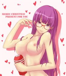 Rule 34 | 1girl, artificial vagina, bespectacled, breasts, casvalnini, female focus, glasses, heart, long hair, medium breasts, merry christmas, nipples, nude, patchouli knowledge, purple eyes, purple hair, red-framed eyewear, sex toy, smile, solo, tenga, touhou, upper body