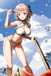 Rule 34 | 1girl, :d, ahoge, aqua bow, arm up, armpits, ayakawa riku, bare arms, barefoot, baseball bat, bikini, blindfold, blindfold lift, blonde hair, blush, bow, bracelet, breasts, brown eyes, cleavage, cloud, cloudy sky, collarbone, commentary request, day, fate/grand order, fate (series), food, fruit, hair bow, jewelry, large breasts, leaning forward, looking at viewer, navel, okita j. souji (fate), okita j. souji (third ascension) (fate), okita souji (fate), okita souji (koha-ace), open mouth, outdoors, palm tree, short hair, sky, smile, solo, standing, stomach, suikawari, swimsuit, tree, water drop, watermelon, watermelon seeds, white bikini