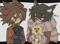 Rule 34 | 2boys, animal, animal ears, animal hat, black cat, black headwear, blue eyes, brown hair, cabbie hat, cat, character request, closed mouth, coat, commentary request, copyright request, crossover, dog, eye contact, facial mark, fake animal ears, fur-trimmed sleeves, fur collar, fur trim, glasses, gloves, green hair, grey coat, hair between eyes, hat, height, holding, holding animal, holding cat, holding dog, jacket, long sleeves, looking at another, male focus, master detective archives: rain code, multiple boys, open mouth, orange jacket, purple gloves, red-framed eyewear, red eyes, round eyewear, sameyama jiro, short hair, spiked hair, thick eyebrows, upper body, white gloves, zilch alexander