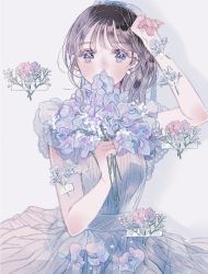 Rule 34 | 1girl, arm up, black hair, covered mouth, dress, flower, grey background, grey dress, highres, holding, holding flower, long hair, original, pink flower, purple flower, sakuraba nao, shadow, simple background, solo, tape