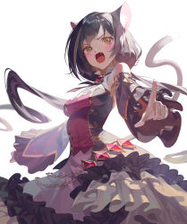 Rule 34 | 1girl, animal ear fluff, animal ears, bare shoulders, black hair, black ribbon, blush, breasts, brooch, brown eyes, cat ears, cat girl, cat tail, cowboy shot, detached sleeves, dress, embarrassed, fajyobore, floating hair, frills, from below, gem, green eyes, highres, jewelry, karyl (princess connect!), long hair, looking at viewer, low twintails, medium breasts, multicolored clothes, multicolored dress, multicolored hair, neck ribbon, open mouth, pointing, pointing at viewer, princess connect!, ribbon, simple background, solo, streaked hair, tail, twintails, up sleeve, very long hair, white background