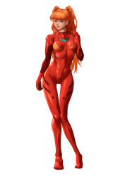 Rule 34 | 1girl, absurdres, alternate breast size, artist request, blue eyes, bodysuit, breasts, brown hair, covered navel, full body, highres, index finger raised, interface headset, lips, long hair, looking at viewer, medium breasts, neon genesis evangelion, red bodysuit, shiny clothes, shiny skin, simple background, skin tight, smile, solo, souryuu asuka langley, standing, very long hair, white background
