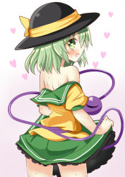 Rule 34 | 1girl, ass, back, bare shoulders, blouse, bow, breath, clothes lift, eyeball, green eyes, green hair, hat, hat bow, hat ribbon, heart, heart-shaped pupils, heart of string, hot, keyaki chimaki, komeiji koishi, looking at viewer, looking back, matching hair/eyes, ribbon, shirt, shirt lift, short hair, short sleeves, skirt, skirt lift, smile, solo, sweat, symbol-shaped pupils, third eye, touhou, wide sleeves