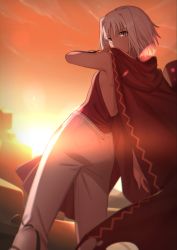 Rule 34 | 1girl, 428, absurdres, backless outfit, bad id, bad pixiv id, canaan (character), canaan (series), cape, dusk, from behind, hair between eyes, highres, looking at viewer, looking back, okakasushi, orange sky, outdoors, pants, red cape, red shirt, shirt, short hair, silver hair, sky, sleeveless, sleeveless shirt, solo, white pants