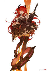 Rule 34 | 1girl, absurdres, arknights, bare shoulders, belt, belt pouch, black dress, black footwear, black horns, black jacket, black ribbon, black thighhighs, blood, blood on face, breasts, chest strap, collar, demon, demon girl, demon horns, detached collar, dress, full body, hair between eyes, high heels, highres, holding, holding sword, holding weapon, horns, huge weapon, id card, infection monitor (arknights), jacket, lava, long hair, looking at viewer, medium breasts, mubu mubei, multiple belts, off shoulder, open clothes, open jacket, pouch, purple eyes, red hair, rhodes island logo (arknights), ribbon, shaded face, sidelocks, solo, spaghetti strap, spiked collar, spikes, surtr (arknights), sword, thigh strap, thighhighs, very long hair, weapon, weibo logo, weibo watermark, weibo watermark, white background