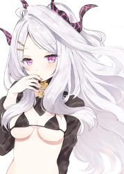 Rule 34 | 1girl, ahoge, blue archive, blush, breasts, commentary, fingernails, hair ornament, hairclip, highres, hina (blue archive), horns, long hair, looking at viewer, micro bra, portrait, purple eyes, silver hair, small breasts, solo, white background, yupi (yuyupiko01)