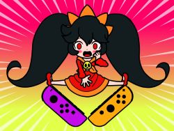 Rule 34 | 1girl, 2011, ashley (warioware), black hair, blush, chibi, covering privates, covering crotch, dress, gradient background, hair ornament, highres, joy-con, long hair, nintendo, nintendo switch, open mouth, rakugen, red background, solo, spread legs, twintails, warioware, yellow background