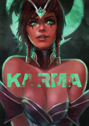 Rule 34 | 1girl, absurdres, backlighting, bare shoulders, black hair, breasts squeezed together, breasts, character name, cleavage, commentary, dark skin, dark-skinned female, detached collar, english commentary, forehead jewel, green eyes, hair ornament, hair tubes, highres, karma (league of legends), large breasts, league of legends, makeup, mascara, monori rogue, solo