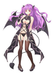 Rule 34 | 1girl, absurdres, bare arms, bare shoulders, black dress, black footwear, black gloves, black panties, breasts, brooch, brown thighhighs, center opening, cleavage, closed mouth, demon tail, demon wings, dress, fake tail, fake wings, fingerless gloves, floating hair, full body, garter straps, gloves, gluteal fold, hair ornament, hand up, highres, jewelry, king&#039;s raid, kookie, large breasts, long hair, looking at viewer, navel, ophelia (king&#039;s raid), panties, purple hair, red eyes, revealing clothes, shoes, simple background, sleeveless, sleeveless dress, smile, solo, stomach, tail, thighhighs, two side up, underwear, white background, wings