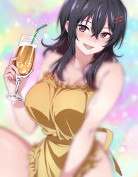1girl apron black_hair blurry blurry_background breast_focus breasts brown_eyes champagne_flute cup drinking_glass drinking_straw hair_ornament hairclip hero&#039;s_mom_(nakahira_guy) highres holding holding_cup large_breasts mature_female mole mole_under_mouth nakahira_guy naked_apron open_mouth original yellow_apron