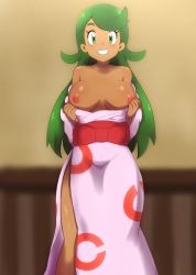 Rule 34 | 1girl, blush, breasts, creatures (company), dark-skinned female, dark skin, female focus, flashing, game freak, green eyes, green hair, happy, highres, japanese clothes, kimono, large breasts, looking at viewer, mallow (pokemon), naked kimono, nintendo, nipples, no bra, pokemon, pokemon (anime), pokemon sm117, pokemon sm (anime), robert m, smile, solo, standing