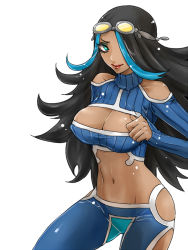 Rule 34 | 10s, 1girl, bare shoulders, black hair, blue eyes, breasts, cleavage, cleavage cutout, clothing cutout, creatures (company), erichika, game freak, goggles, hair over one eye, lips, lipstick, long hair, makeup, midriff, multicolored hair, navel, nintendo, pants, pokemon, pokemon oras, shelly (pokemon), shelly (pokemon oras)