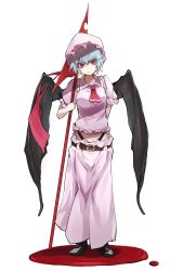Rule 34 | 1girl, absurdres, ascot, bat wings, black panties, blood, blue hair, closed mouth, commentary request, full body, hat, highres, holding, holding polearm, holding weapon, light blue hair, looking at viewer, mob cap, panties, pink hat, pink shirt, pink skirt, polearm, red ascot, red eyes, remilia scarlet, shirt, short hair, simple background, skirt, solo, spear, spear the gungnir, standing, touhou, underwear, weapon, white background, wings, yagoro kusuriya
