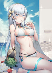 Rule 34 | 1girl, anastasia (fate), bare legs, bare shoulders, barefoot, beach, bikini, bird, blue eyes, blue hair, blue ribbon, blush, breasts, cleavage, cloud, cloudy sky, collar, collarbone, commentary request, crown, day, doll, fate/grand order, fate (series), flower, hair between eyes, hair ornament, kyoeiki, large breasts, long hair, looking at viewer, multi-strapped bikini, navel, ocean, outdoors, parted lips, red flower, red rose, ribbon, rose, side-tie bikini bottom, sitting, sky, smile, solo, sparkle, stomach, swimsuit, underboob, very long hair, wariza, white bikini