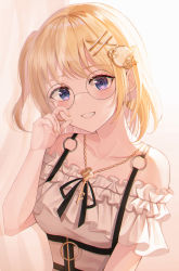 Rule 34 | 1girl, absurdres, arm up, bad id, bad pixiv id, blonde hair, blouse, blue eyes, breasts, earrings, glasses, grin, hair ornament, highres, hololive, hololive english, jewelry, key, key necklace, looking at viewer, medium breasts, nail polish, necklace, off-shoulder shirt, off shoulder, round eyewear, shirt, short hair, simple background, smile, solo, upper body, virtual youtuber, watson amelia, watson amelia (street casual), white shirt, x hair ornament, yellow nails, yulha 06
