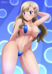 Rule 34 | 1girl, absurdres, arm up, arms behind head, blonde hair, blue background, blue eyes, blue one-piece swimsuit, blush, breasts, bubble background, cleavage, collarbone, earrings, eden&#039;s zero, hair ornament, highres, jewelry, large breasts, long hair, navel, one-piece swimsuit, open mouth, rebecca bluegarden, slingshot swimsuit, standing, swimsuit, zel-sama