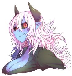 Rule 34 | 1girl, alternate costume, aoi hada no ten&#039;in to shiawasena tomodachi, black horns, black sclera, blue skin, breasts, buttons, cleavage, colored sclera, colored skin, commentary request, demon girl, demon horns, eyebrows, floor, from side, highres, horns, huge breasts, koike (aoi hada no ten&#039;in to shiwasena tomodachi), long hair, looking at viewer, pointy ears, pointy nose, portrait, red eyes, simple background, smile, upper body, white background, zyugoya