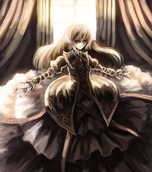 Rule 34 | 1girl, bad id, bad pixiv id, curtains, dress, female focus, hijiri byakuren, juliet sleeves, layered dress, long hair, long sleeves, looking at viewer, monochrome, outstretched arms, parsley-f, puffy long sleeves, puffy sleeves, solo, standing, touhou, window