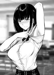 Rule 34 | 1girl, arm behind head, arm up, armpits, blurry, blurry background, blush, breasts, buttons, classroom, gentsuki, greyscale, highres, large breasts, long hair, looking at viewer, mole, mole under eye, monochrome, original, presenting armpit, shirt, shirt tucked in, short sleeves, skirt, solo, upper body