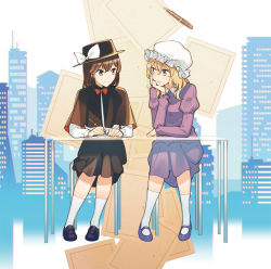 Rule 34 | 2girls, black skirt, blonde hair, bow, bowtie, brown eyes, brown hair, building, capelet, chair, closed mouth, dr.latency&#039;s freak report, dress, fedora, full body, hat, hat bow, head rest, juliet sleeves, loafers, long sleeves, looking at another, maribel hearn, mob cap, multiple girls, nakatani, parted lips, puffy sleeves, purple dress, red bow, red bowtie, shirt, shoes, short hair, sitting, skirt, smile, socks, table, touhou, toy block, usami renko, white bow, white legwear, white shirt