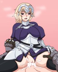 Rule 34 | armor, armored dress, cum, cum in pussy, doom (game), doom (series), doom eternal, doomguy, fate/apocrypha, fate/grand order, fate (series), happy sex, highres, interlocked fingers, jeanne d&#039;arc (fate), looking at viewer, pussy, sex, thighhighs, thighs, vaginal