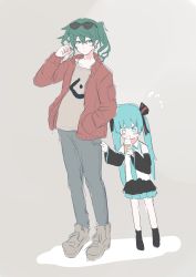 Rule 34 | 2girls, adjusting hair, androgynous, aqua eyes, aqua hair, aqua necktie, bare shoulders, black skirt, black sleeves, blue pants, detached sleeves, dual persona, earrings, eating, eyewear on head, food, green hair, grey shirt, hair ribbon, hand up, hatsune miku, highres, holding, holding another&#039;s leg, holding food, ice cream, jacket, jewelry, kaimo (mi6kai), long hair, looking at another, miniskirt, multiple girls, necktie, pants, pleated skirt, red jacket, ribbon, shirt, shoes, short hair, sketch, skirt, sleeveless, sleeveless shirt, sneakers, soft serve, standing, striped ribbon, suna no wakusei (vocaloid), sunglasses, twintails, very long hair, vocaloid, white shirt