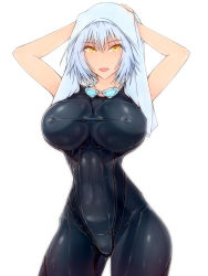 Rule 34 | 1girl, arms behind head, arms up, bad id, bad pixiv id, breasts, cameltoe, competition swimsuit, covered navel, cowboy shot, covered erect nipples, fang, goggles, goggles around neck, highres, ikiteru, large breasts, looking at viewer, one-piece swimsuit, open mouth, original, short hair, silver hair, skin tight, swimsuit, taut clothes, towel, yellow eyes