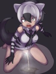 Rule 34 | 1girl, aardwolf (kemono friends), absurdres, animal ears, bottomless, caught, censored, highres, kemono friends, kneeling, looking at viewer, open mouth, peeing, puddle, pussy, simple background, solo, steam, y-san (yoshino yuuri)