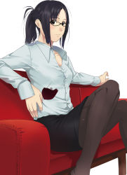 Rule 34 | 1girl, alcohol, bad id, bad pixiv id, black eyes, black hair, collared shirt, couch, cup, dress shirt, drinking glass, glasses, highres, kagematsuri, crossed legs, looking at viewer, original, pantyhose, ponytail, red upholstery, shirt, sidelocks, sitting, skirt, solo, wine, wine glass