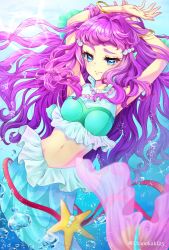 Rule 34 | 1girl, air bubble, aqua shirt, bracelet, breasts, bubble, commentary request, eyebrows, eyelashes, fins, frilled shirt, frills, head fins, highres, jewelry, laura la mer, mermaid, midriff, monster girl, ocean, pearl hair ornament, pink hair, precure, scales, shirt, skirt, sleeveless, sleeveless shirt, small breasts, solo, starfish, sunlight, tropical-rouge! precure, twitter username, underwater, uta (yagashiro25), water
