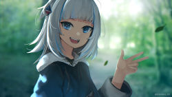 Rule 34 | 1girl, :d, advarcher, blue eyes, blue hair, blurry, blurry background, commentary request, gawr gura, hair ornament, highres, hololive, hololive english, long sleeves, looking at viewer, medium hair, multicolored hair, open mouth, shark hair ornament, sharp teeth, smile, solo, streaked hair, teeth, twitter username, upper body, virtual youtuber, w, white hair