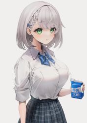 Rule 34 | 1girl, blue bow, blue bowtie, blue sky, bow, bowtie, braid, breasts, collared shirt, daiiichukiii, green eyes, grey hair, hair ornament, highres, holding, hololive, large breasts, milk carton, parted lips, plaid, plaid skirt, pleated skirt, school uniform, shirogane noel, shirogane noel (school uniform), shirt, simple background, skirt, sky, solo, striped bow, striped bowtie, striped clothes, upper body, virtual youtuber, white background, white shirt, x hair ornament