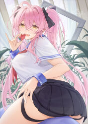 Rule 34 | 1girl, ass, black skirt, breasts, catsmoon, commentary, english commentary, food, fruit, hair ornament, highres, large breasts, long hair, looking at viewer, looking back, open mouth, original, pink hair, pleated skirt, school uniform, serafuku, short sleeves, signature, skirt, solo, strawberry, thighs, twintails, white serafuku, wristband, yellow eyes