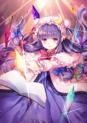 Rule 34 | 1girl, book, bow, crescent, crystal, hair bow, hat, long hair, long sleeves, looking at viewer, patchouli knowledge, philomelalilium, purple eyes, purple hair, smile, solo, touhou