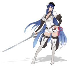 Rule 34 | 10s, 1girl, :d, akame ga kill!, blue eyes, blue hair, boots, breasts, cleavage, collar, esdeath, full body, gradient hair, hat, highres, leash, long hair, mikazuki shigure, military, military uniform, multicolored hair, open mouth, peaked cap, smile, solo, sword, thigh boots, thighhighs, uniform, very long hair, weapon, white background, white footwear, white thighhighs, zettai ryouiki