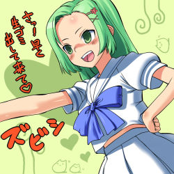 Rule 34 | 1girl, :d, blue bow, blue bowtie, bow, bowtie, breasts, green background, green eyes, green hair, hair ornament, hairclip, hand on own hip, matching hair/eyes, okina ika, open mouth, original, outstretched arm, pleated skirt, puffy short sleeves, puffy sleeves, school uniform, serafuku, shirt, short sleeves, simple background, skirt, small breasts, smile, solo, white shirt, white skirt