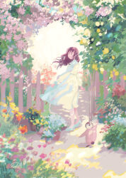 Rule 34 | 1girl, animal, bird, brown eyes, brown hair, dappled sunlight, day, dress, fence, flower, high heels, highres, long hair, looking at viewer, looking back, open mouth, original, outdoors, penguin, sky, solo, standing, sunlight, tabi (tabisumika), white dress, wooden fence