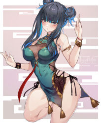 Rule 34 | 1girl, armlet, bare shoulders, black hair, blue hair, blunt bangs, bracelet, breasts, china dress, chinese clothes, colored inner hair, double bun, dress, eyeliner, fate/grand order, fate (series), gold trim, green dress, grey eyes, hair bun, highres, jewelry, large breasts, long hair, looking at viewer, makeup, multicolored hair, o-ring, pelvic curtain, short dress, sidelocks, solo, tassel, tenochtitlan (fate), thighs, ura illust