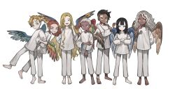 Rule 34 | 3boys, 4girls, :/, :3, absurdres, asymmetrical hair, back-to-back, barefoot, bird boy, bird girl, bird wings, black hair, blonde hair, blue eyes, blue wings, blunt bangs, brown eyes, brown hair, brown wings, child, closed eyes, commentary, crossed arms, curly hair, dark-skinned female, dark-skinned male, dark skin, dreadlocks, english commentary, feathered wings, full body, green eyes, grin, hand up, highres, locked arms, long hair, long sleeves, looking at viewer, medium hair, multiple boys, multiple girls, napal (ve xillum), open mouth, original, pale skin, playing with another&#039;s hair, playing with own hair, red hair, red wings, shirt, short hair, sidecut, simple background, smile, solo, standing, undercut, very long hair, very short hair, vitiligo, white background, white eyes, white hair, white shirt, wings, yellow eyes, yellow wings