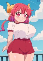 Rule 34 | 1girl, absurdres, bluefork, blush, breasts, covered erect nipples, cowboy shot, day, dragon girl, dragon horns, eyelashes, female focus, gym uniform, highres, horns, huge breasts, ilulu (maidragon), kobayashi-san chi no maidragon, looking at viewer, matching hair/eyes, outdoors, pointy ears, red eyes, red hair, shortstack, sky, slit pupils, smile, solo, standing, thick thighs, thighs, twintails, wide hips