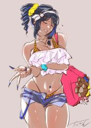 Rule 34 | 1girl, alternate costume, animal print, bag, bikini, black hair, blue hair, blue nails, blue shorts, blush, breasts, chikuden, closed eyes, crop top, doro (nikke), drill hair, exposed pocket, fake nails, goddess of victory: nikke, grin, hairband, highres, large breasts, leopard print, lips, mary (nikke), micro shorts, multicolored hair, navel, navel piercing, piercing, shorts, signature, smile, solo, streaked hair, stuffed toy, swimsuit, tan, white hairband
