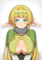 Rule 34 | 10s, 1girl, aqua eyes, blonde hair, blush, breasts, breasts squeezed together, capelet, center opening, cleavage, collar, dress, elbow gloves, elf, gloves, green capelet, green dress, green hairband, hairband, half-closed eyes, huge breasts, isekai maou to shoukan shoujo no dorei majutsu, ishinoyari, long hair, looking at viewer, metal collar, pointy ears, shera l. greenwood, smile, solo, standing, upper body, v arms, white gloves