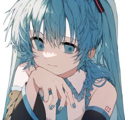 Rule 34 | 1girl, arm tattoo, bad id, bad pixiv id, black sleeves, blue eyes, blue hair, blue nails, blue necktie, closed mouth, collared shirt, commentary, deep (deep4946), detached sleeves, english commentary, frilled shirt, frills, happy birthday, hatsune miku, highres, long hair, looking at viewer, nail polish, necktie, shirt, simple background, sleeveless, sleeveless shirt, smile, solo, tattoo, upper body, vocaloid, white background, white shirt
