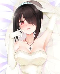 Rule 34 | 10s, 1girl, black hair, blush, breasts, bridal veil, cleavage, cross, cross necklace, date a live, dress, elbow gloves, gloves, hair over one eye, highres, jewelry, large breasts, long hair, looking at viewer, necklace, qiuzhi huiyi, red eyes, smile, solo, strapless, strapless dress, tokisaki kurumi, veil, wedding dress, white dress, white gloves