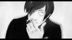 Rule 34 | 1boy, atlus, bug, cicada, greyscale, hair over one eye, highres, insect, letterboxed, male focus, monochrome, non-web source, persona, persona 3, solo, yuuki makoto (persona 3)