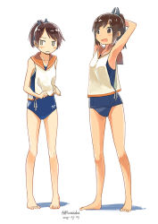 Rule 34 | 2girls, :d, alternate costume, arms behind head, barefoot, brown eyes, brown hair, collarbone, competition school swimsuit, cosplay, dated, hair ribbon, i-401 (kancolle), i-401 (kancolle) (cosplay), kantai collection, kusakabe (kusakabeworks), multiple girls, old school swimsuit, one-piece swimsuit, open mouth, ribbon, school swimsuit, shikinami (kancolle), short ponytail, simple background, smile, swimsuit, swimsuit under clothes, twitter username