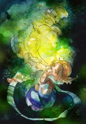 Rule 34 | 1girl, bad id, bad pixiv id, blonde hair, campanula-star, covering own mouth, female focus, green eyes, hand over mouth, hand over own mouth, highres, mizuhashi parsee, pointy ears, scarf, short hair, solo, touhou, traditional media