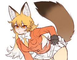 Rule 34 | 1girl, animal ears, blonde hair, bow, bowtie, breasts, extra ears, ezo red fox (kemono friends), fox ears, fox tail, gloves, hand on own hip, highres, jacket, japari symbol, kemono friends, large breasts, long hair, looking at viewer, necktie, orange eyes, orange jacket, pantyhose, solo, tail, tateoftot, white background, white bow, white bowtie